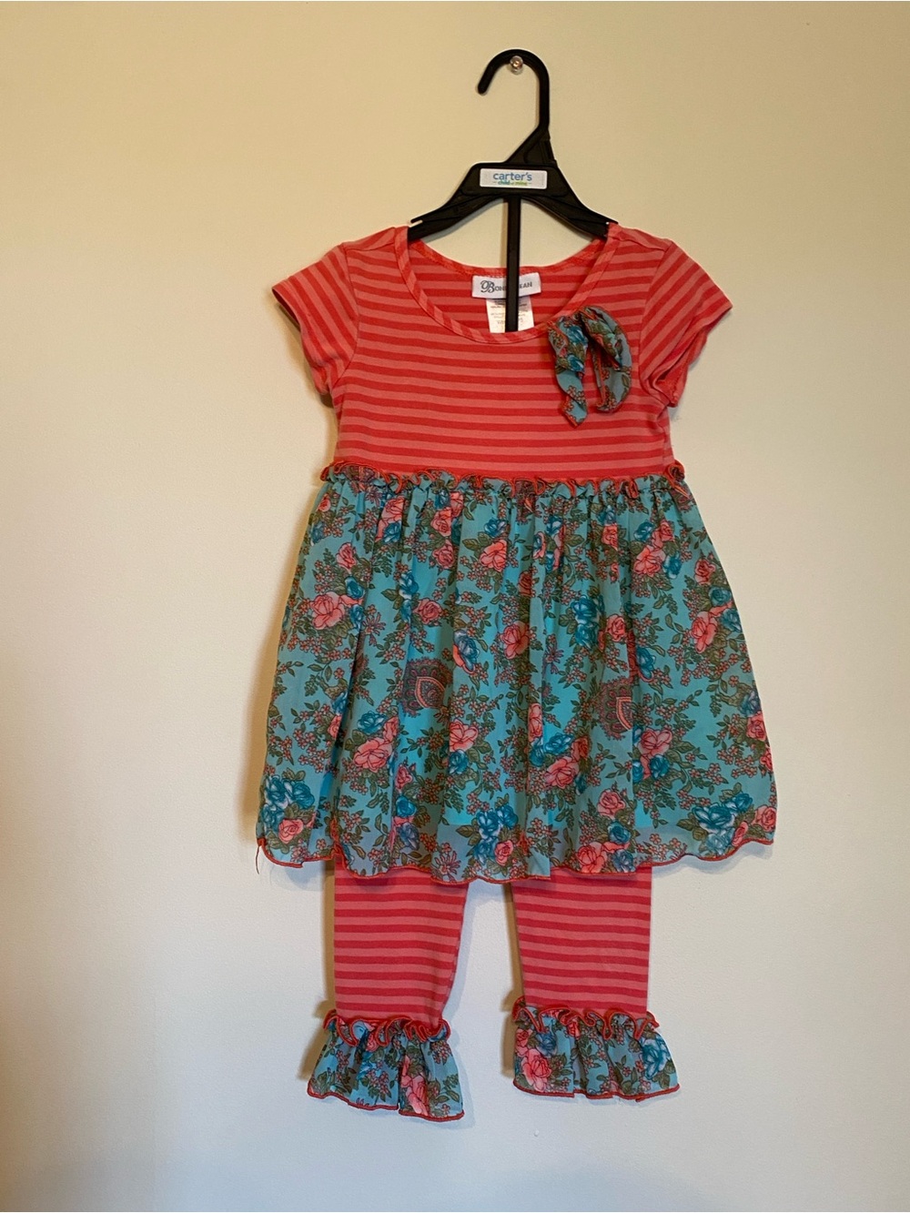 Bonnie Jean Coral Striped Top with Teal Floral Bottom & Ruffle Leggings